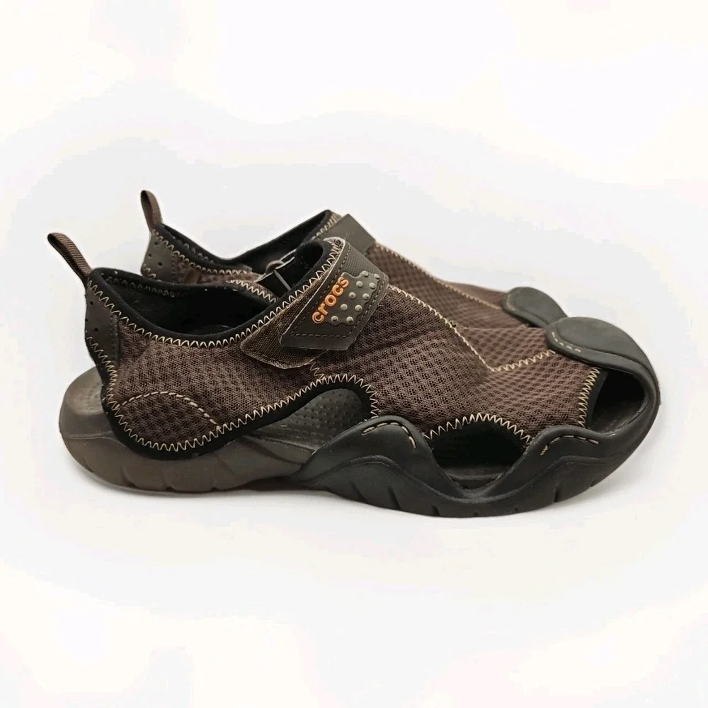 Crocs Swiftwater Mesh Fisherman Deck Sandals Brown Men's 11 Water Shoes #401
